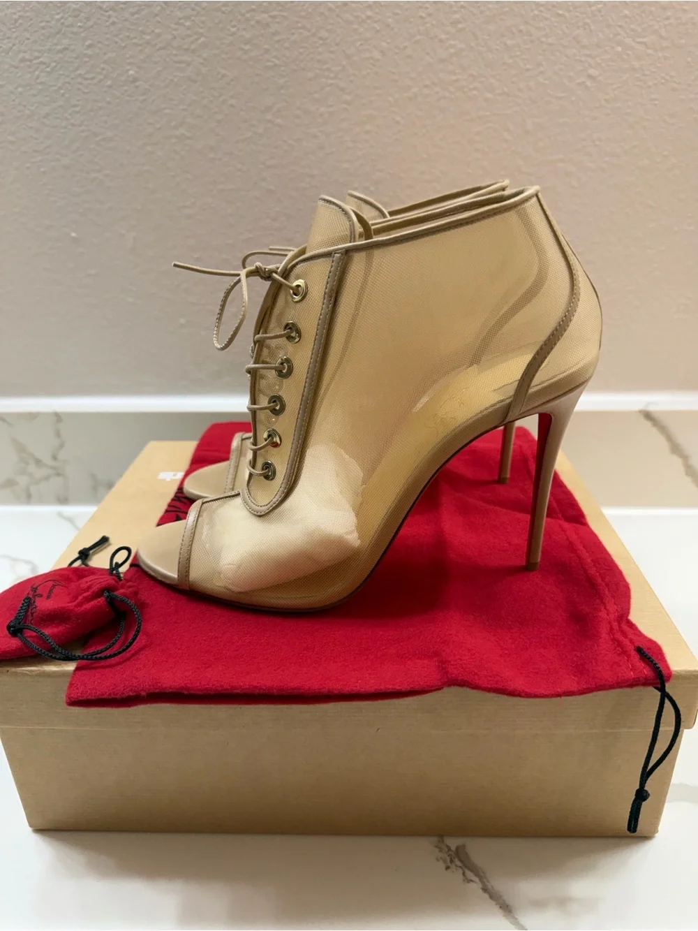 Christian Louboutin Open Ondessa 100MM Rete/Nappa - Lace-Up Booties – Nude